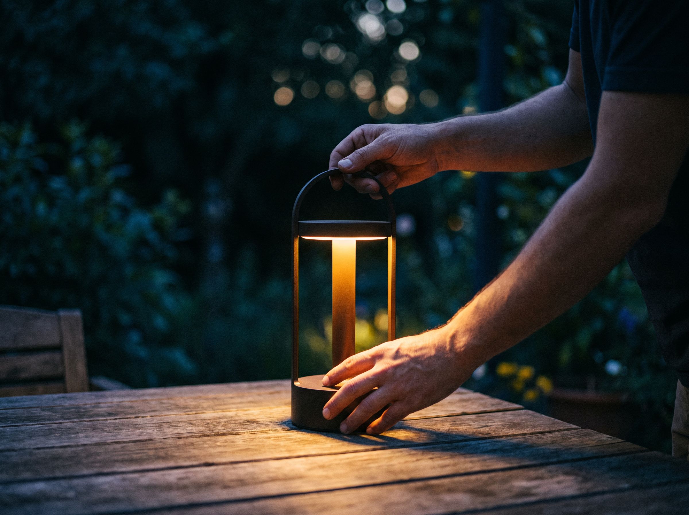 Une lampe allumée posée sur une table de jardin, le soir