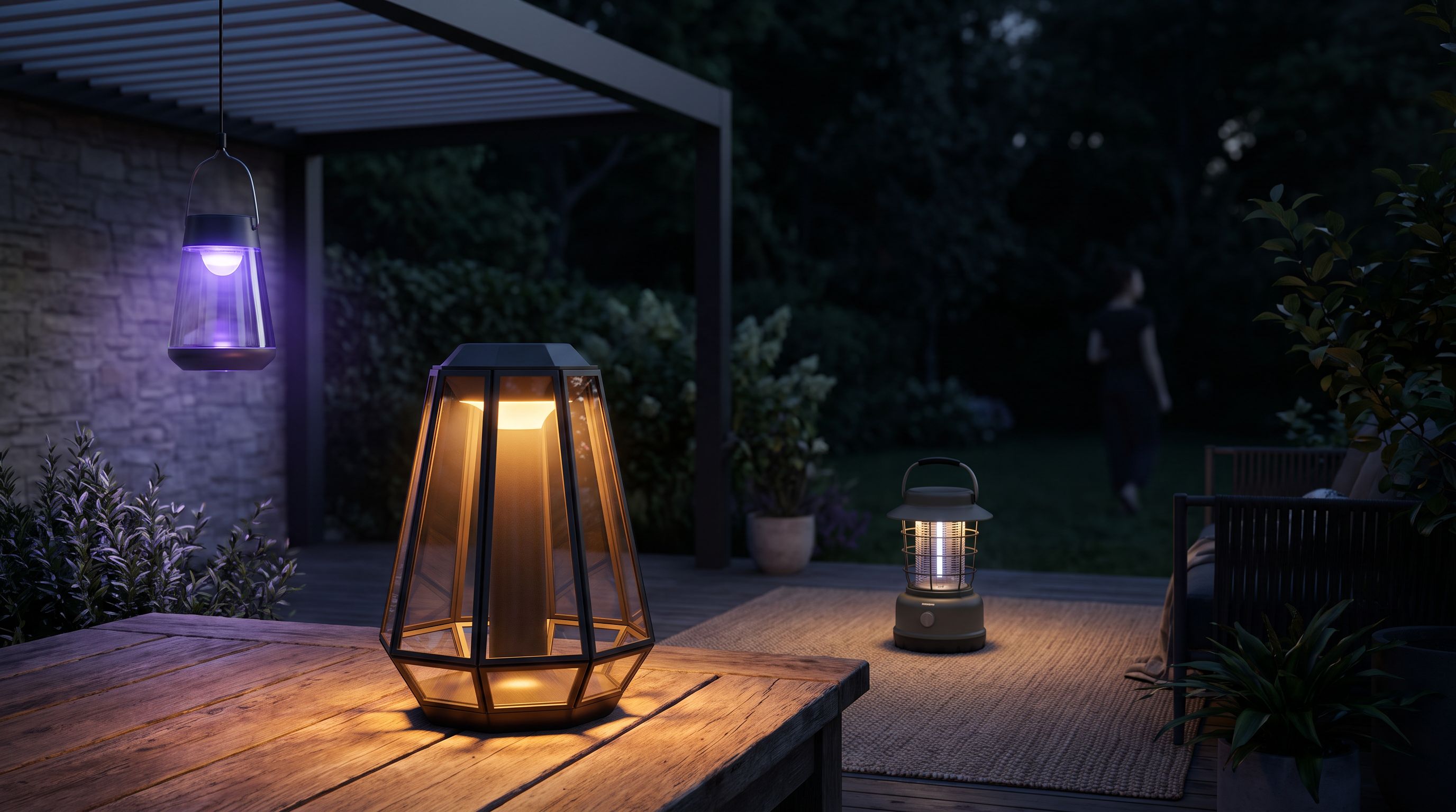 Des lampes allumées sur une terrasse, la nuit : une lampe à poser, une lampe suspendue et une lanterne de camping