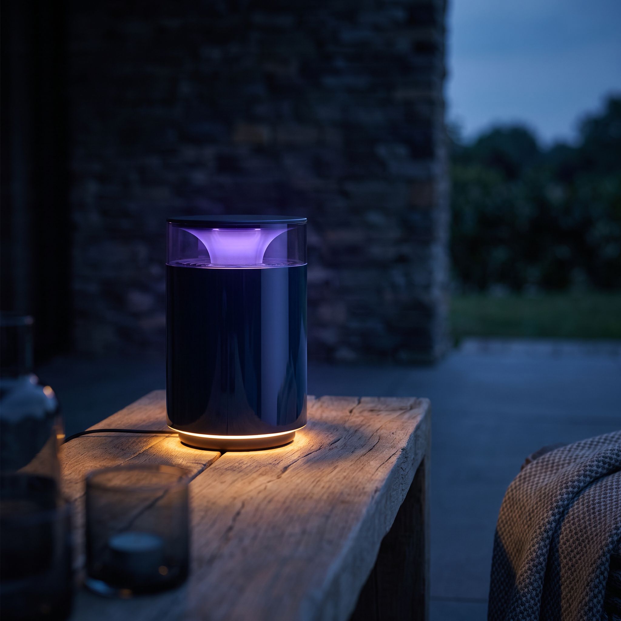 Une lampe suspendue sous une pergola, la nuit