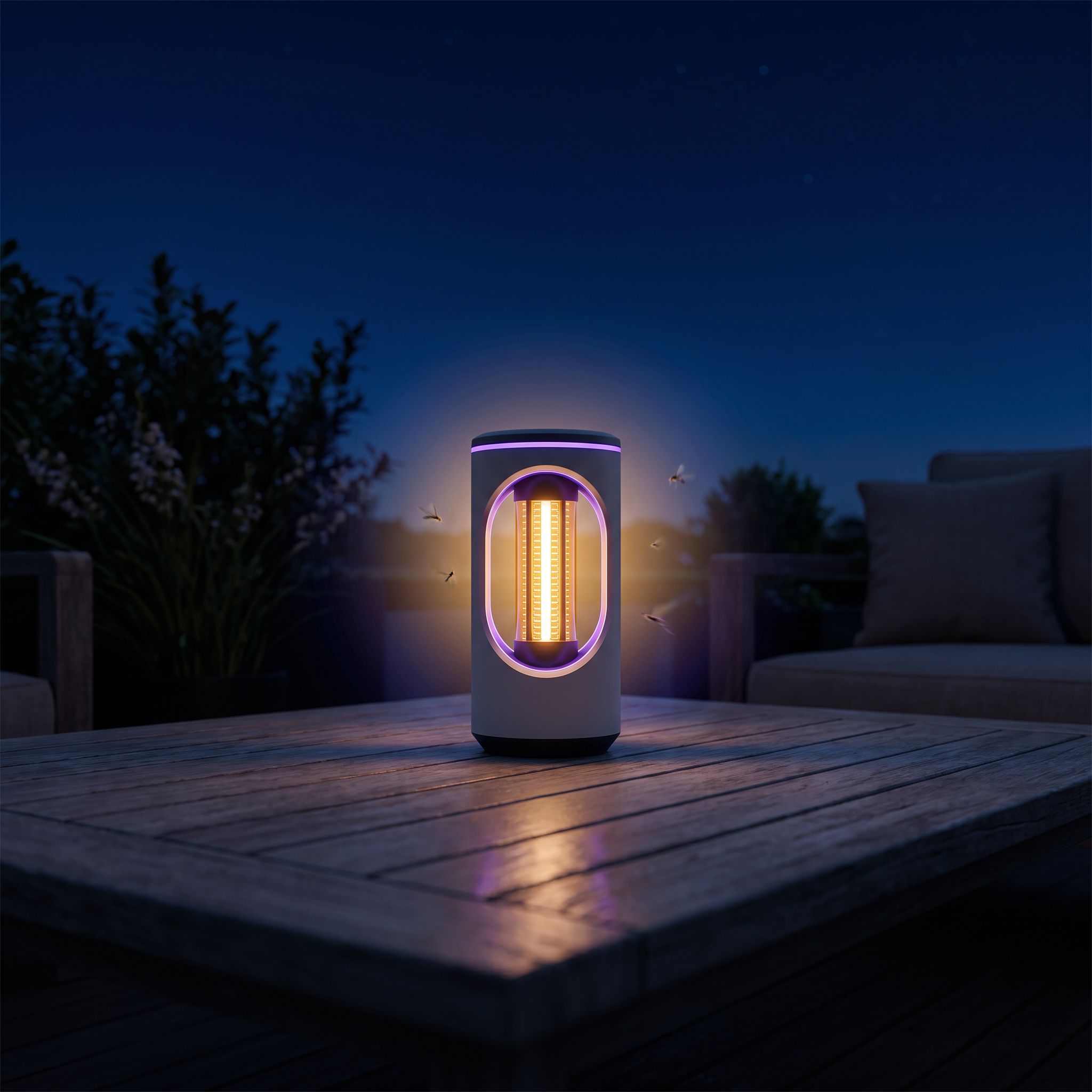 Une lampe posée près d’une tente le soir