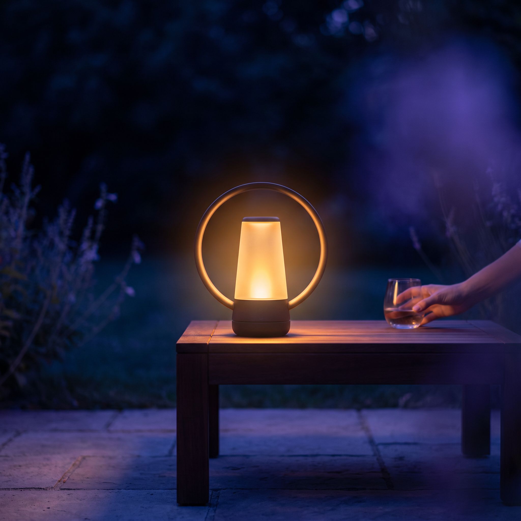 Une lampe sur une terrasse au crépuscule
